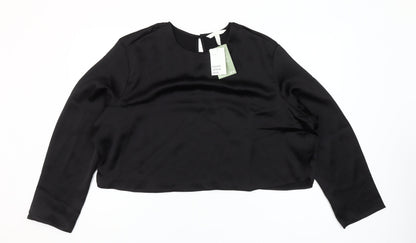 H&M Women Black Satin Cropped Blouse Size 16 Long Sleeve Top