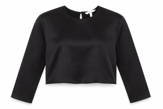 H&M Women Black Satin Cropped Blouse Size 16 Long Sleeve Top