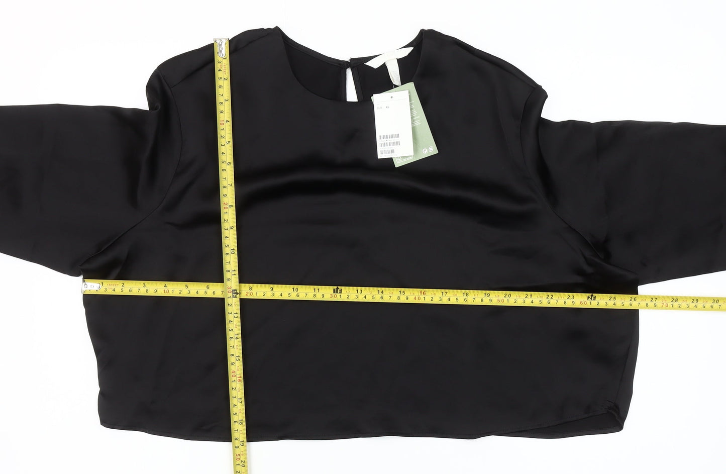 H&M Women Black Satin Cropped Blouse Size 16 Long Sleeve Top