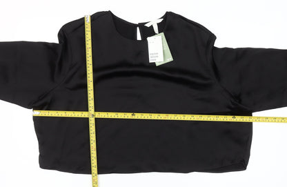 H&M Women Black Satin Cropped Blouse Size 16 Long Sleeve Top