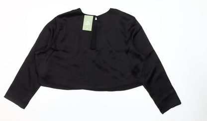 H&M Women Black Satin Cropped Blouse Size 16 Long Sleeve Top