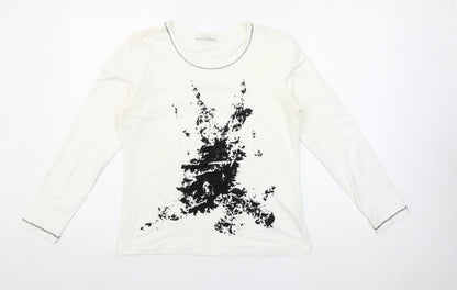 Hirsch Women White Long Sleeve Cotton Stretch Graphic T-Shirt Size L