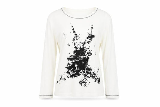 Hirsch Women White Long Sleeve Cotton Stretch Graphic T-Shirt Size L