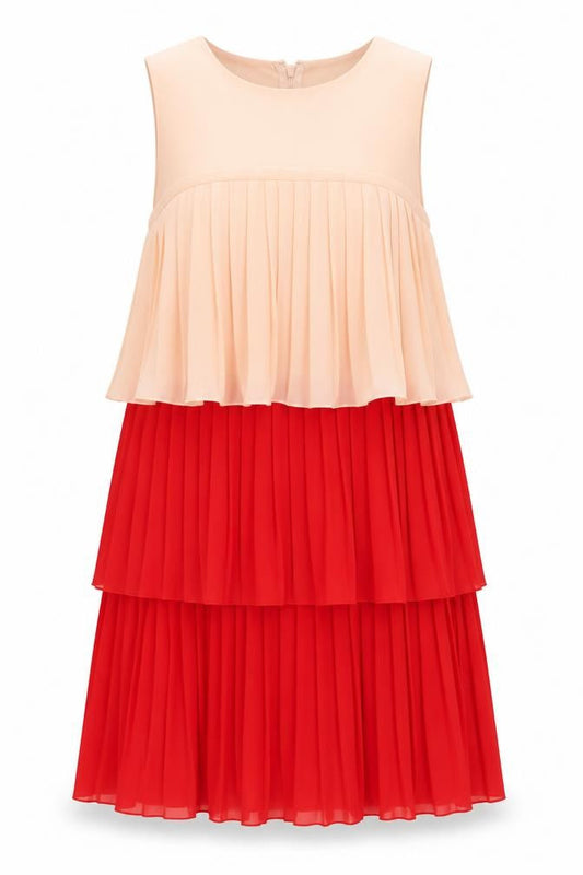 Savida Women Red Beige Colourblock Pleated A-Line Dress Size 8