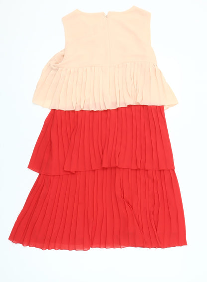 Savida Women Red Beige Colourblock Pleated A-Line Dress Size 8