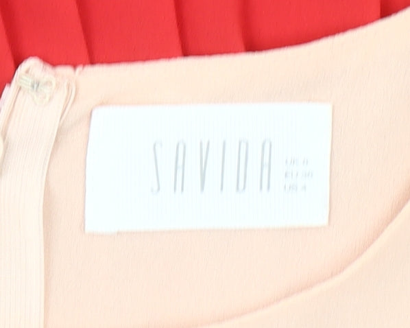 Savida Women Red Beige Colourblock Pleated A-Line Dress Size 8
