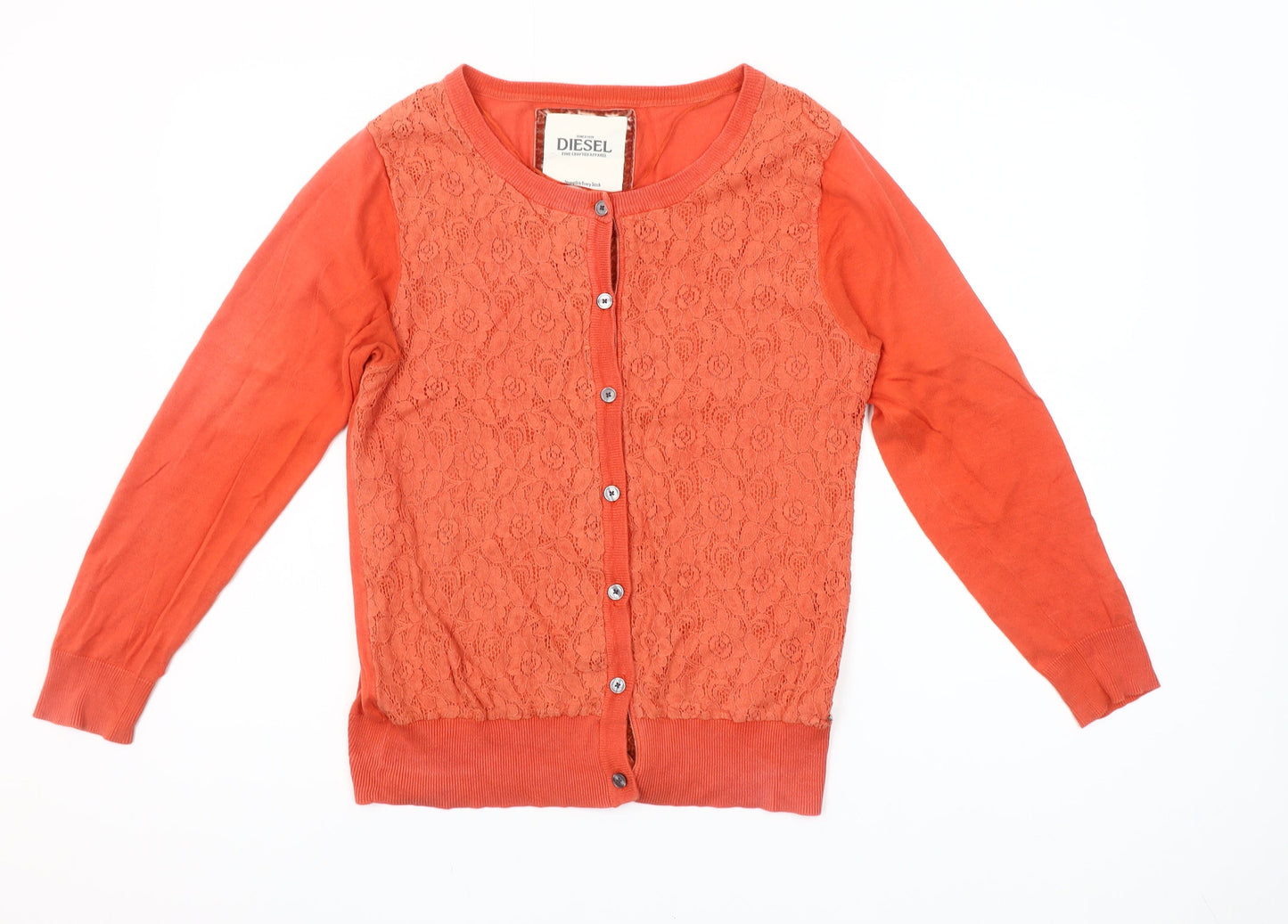 Diesel Womens Orange Lace Knit Cardigan L Long Sleeve 100% Cotton