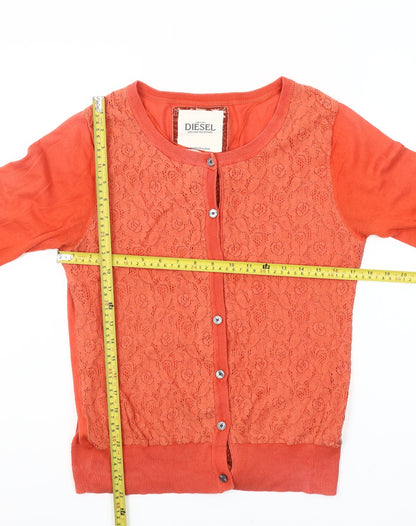 Diesel Womens Orange Lace Knit Cardigan L Long Sleeve 100% Cotton