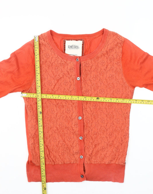 Diesel Womens Orange Lace Knit Cardigan L Long Sleeve 100% Cotton