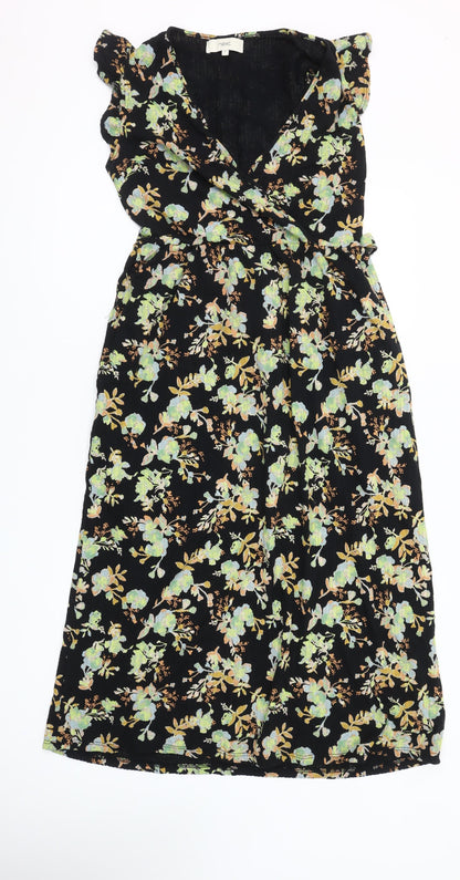 Next Women's Black Floral Cotton Wrap Midi Dress Size 6