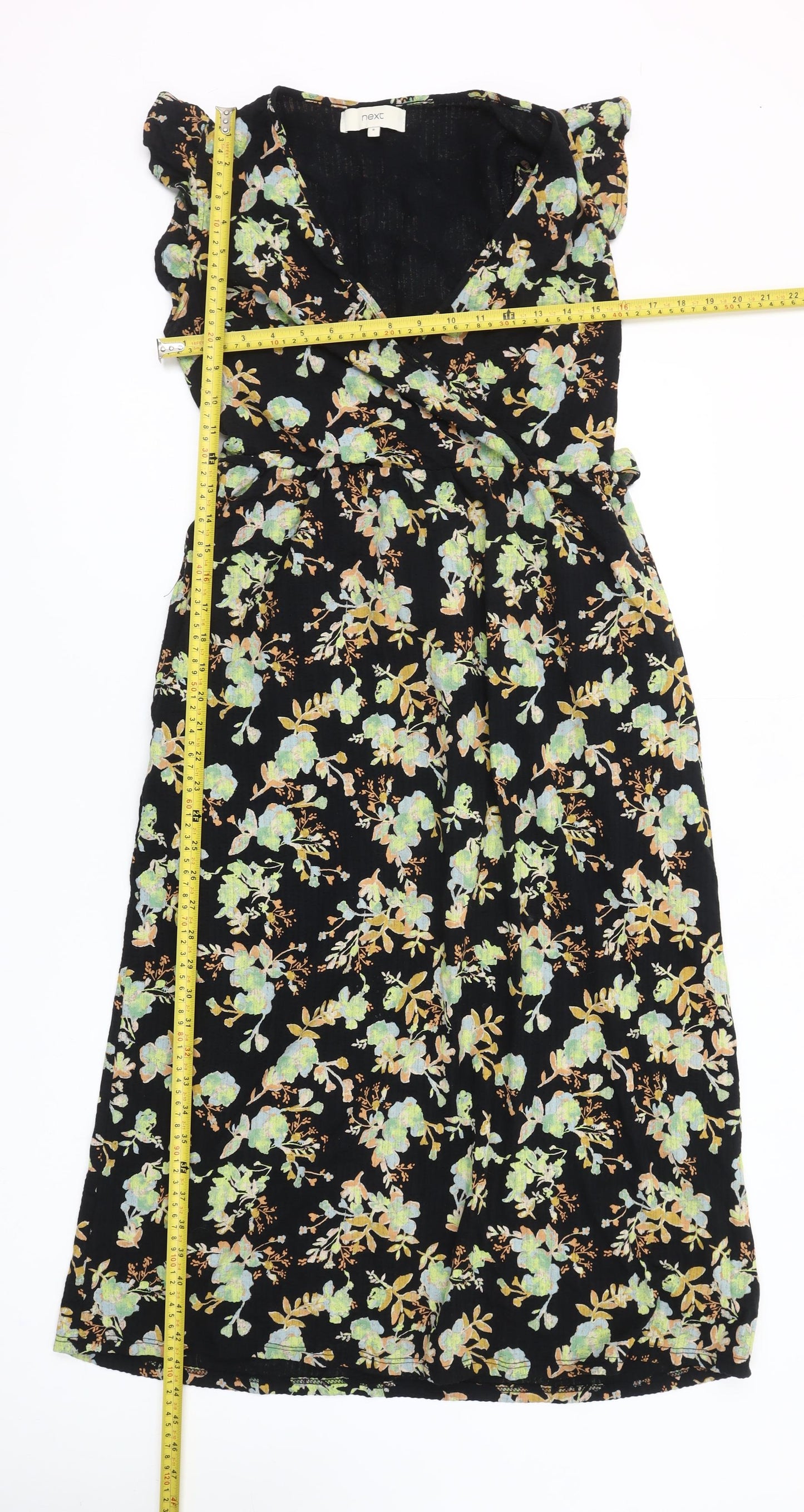 Next Women's Black Floral Cotton Wrap Midi Dress Size 6
