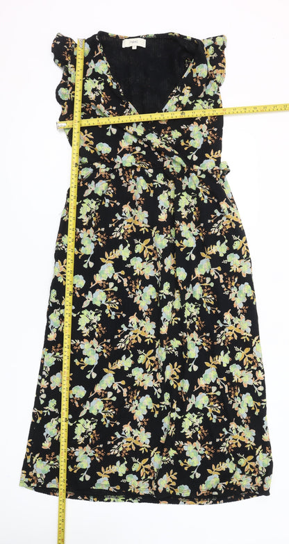 Next Women's Black Floral Cotton Wrap Midi Dress Size 6