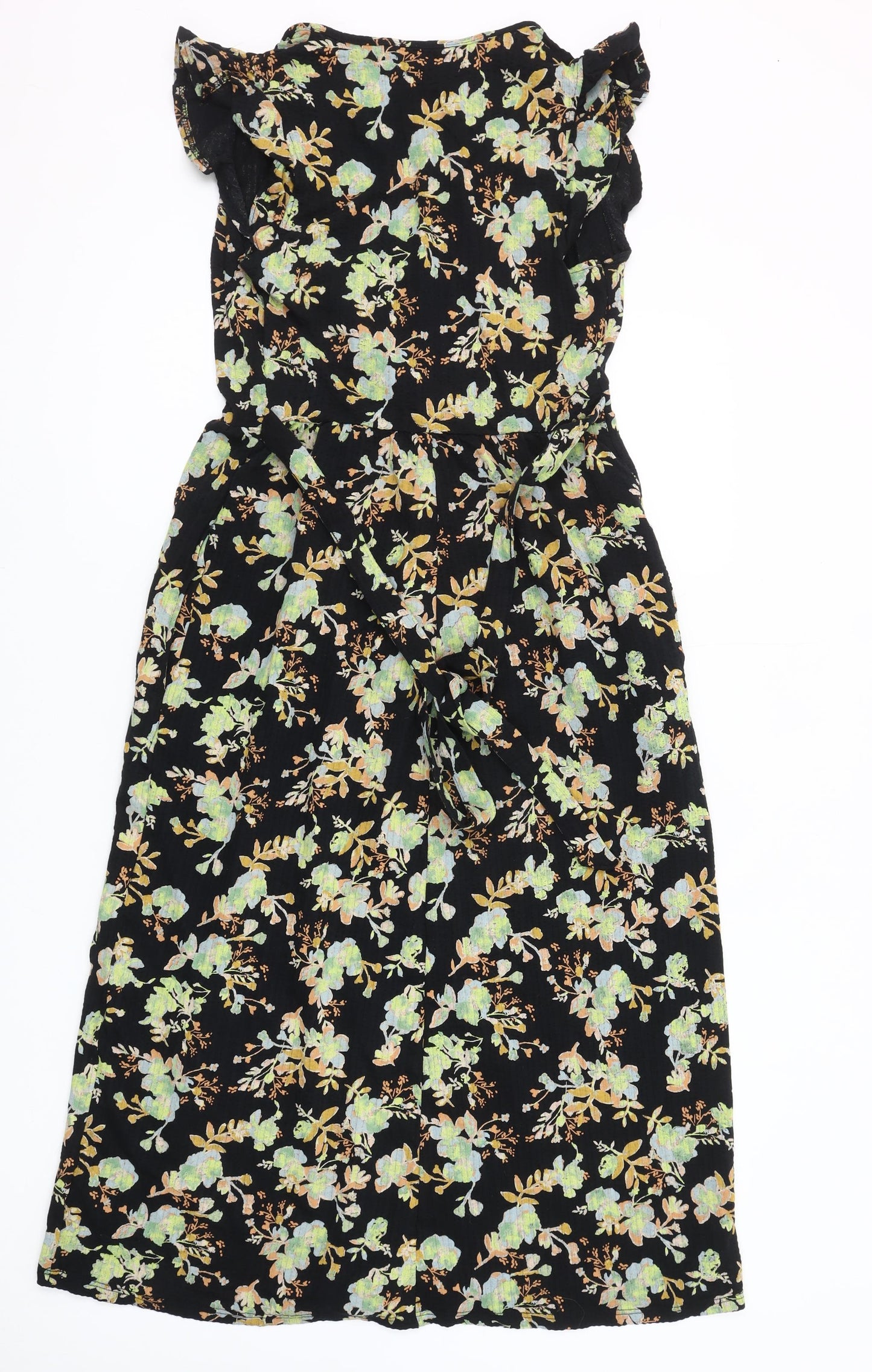 Next Women's Black Floral Cotton Wrap Midi Dress Size 6