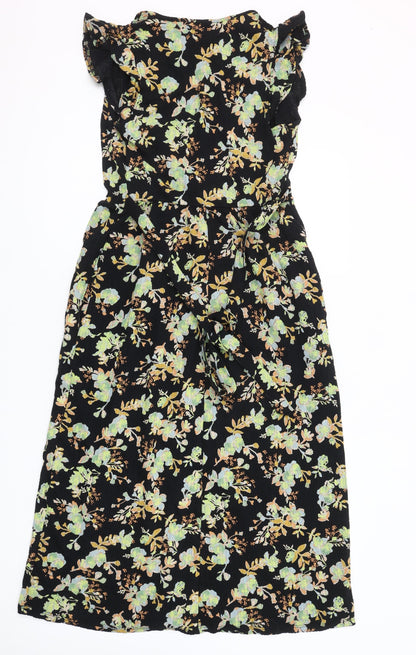 Next Women's Black Floral Cotton Wrap Midi Dress Size 6
