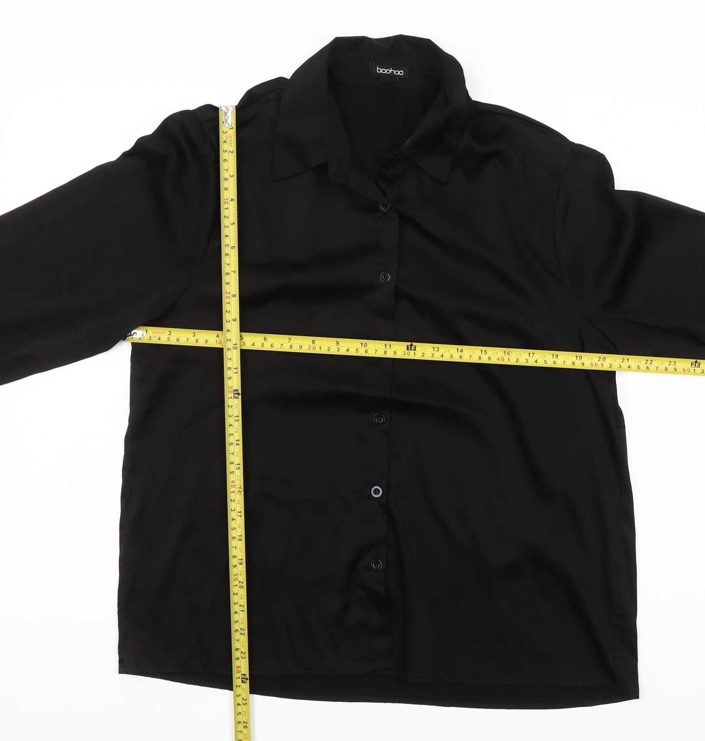Boohoo Women’s Black Long Sleeve Faux Feather Trim Satin Button-Up Shirt UK 12