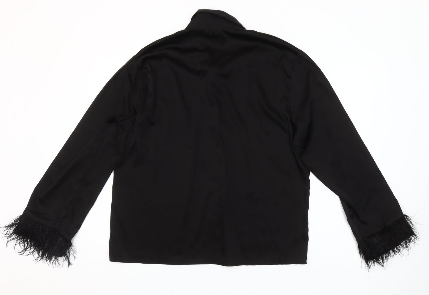 Boohoo Women’s Black Long Sleeve Faux Feather Trim Satin Button-Up Shirt UK 12