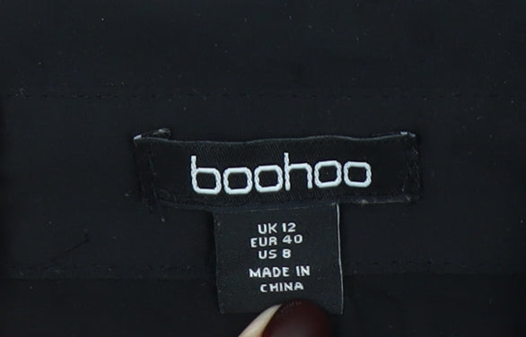Boohoo Women’s Black Long Sleeve Faux Feather Trim Satin Button-Up Shirt UK 12