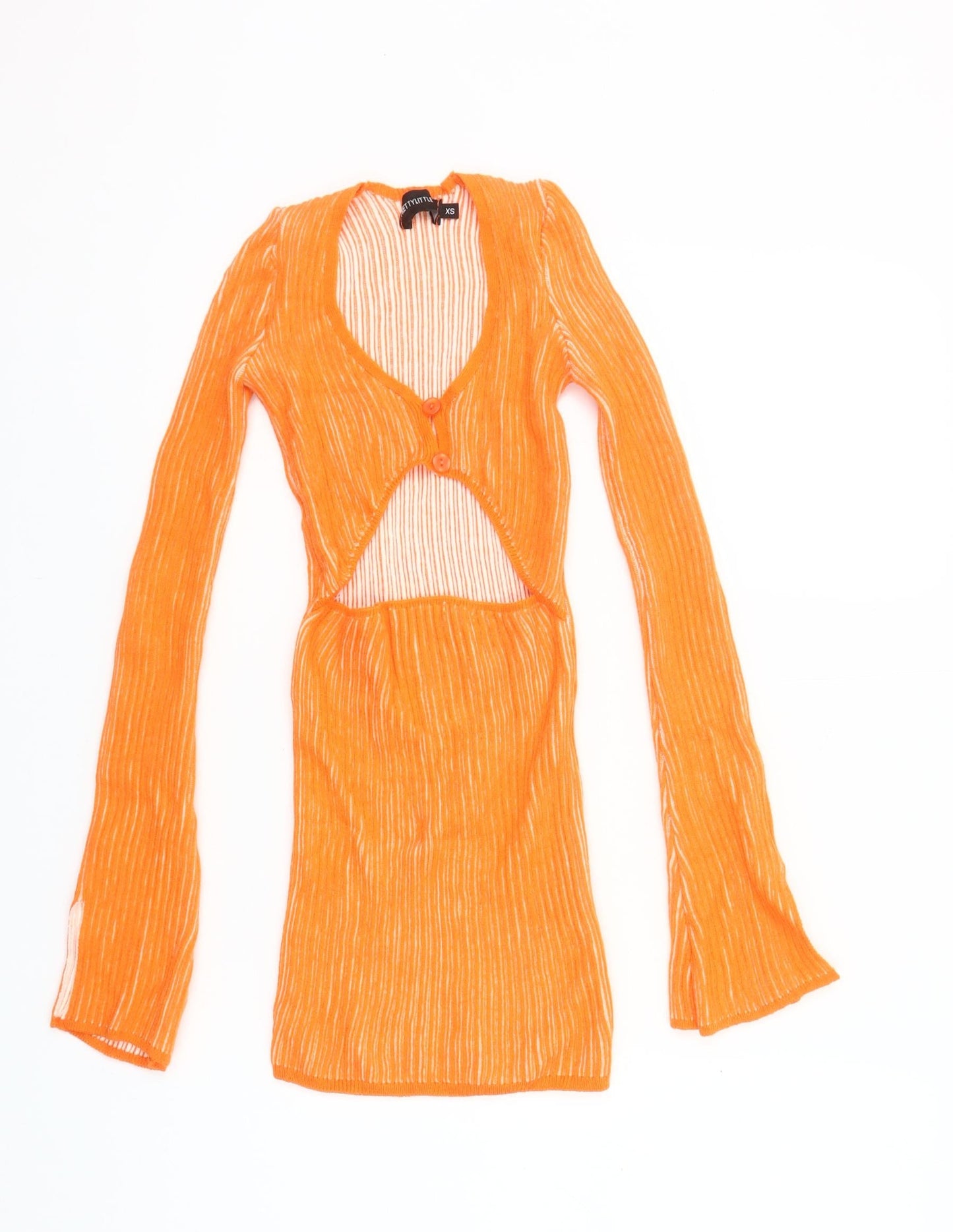 PrettyLittleThing Women’s Orange XS Bodycon Mini Dress Long Sleeve V-Neck