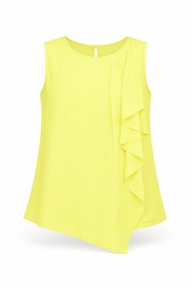 Front view of Principles by Ben de Lisi Women's Yellow Sleeveless Ruffle Blouse, size 8