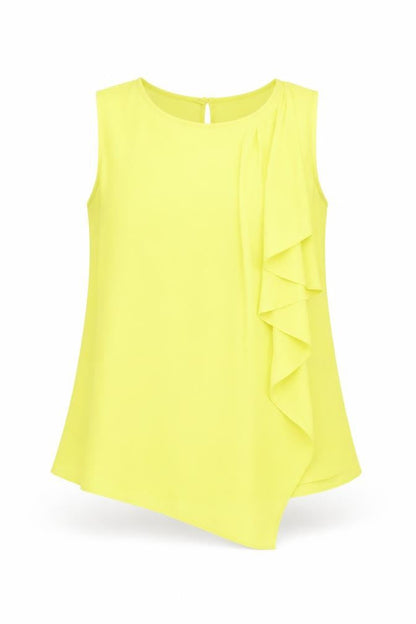 Front view of Principles by Ben de Lisi Women's Yellow Sleeveless Ruffle Blouse, size 8