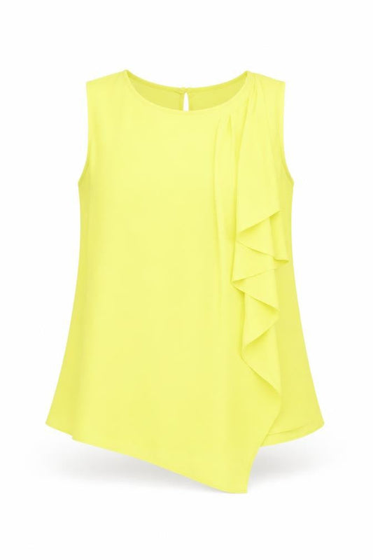Front view of Principles by Ben de Lisi Women's Yellow Sleeveless Ruffle Blouse, size 8