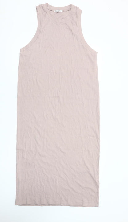 Zara Women Beige XL Tank Midi Dress Sleeveless Cotton Stretch