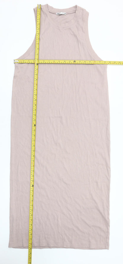 Zara Women Beige XL Tank Midi Dress Sleeveless Cotton Stretch