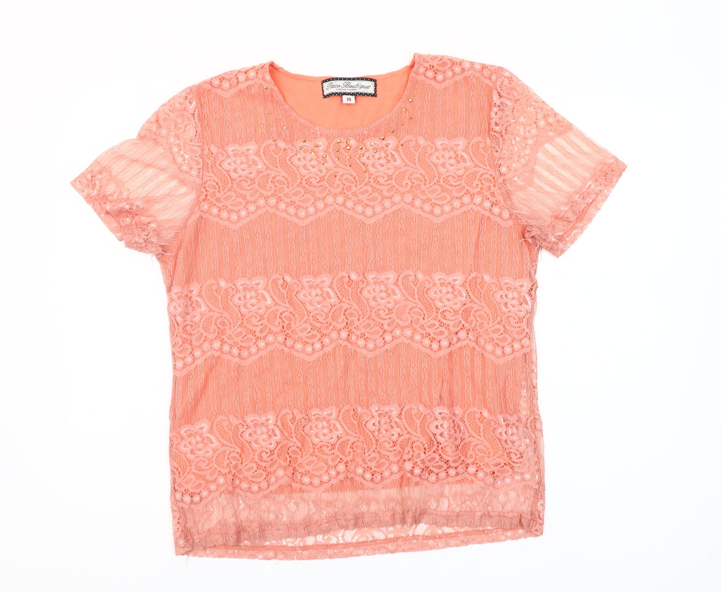 Paco Boutique Women’s Pink Lace Short Sleeve Blouse Size 14