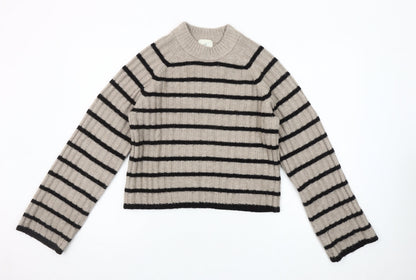 H&M Women’s Beige Black Striped High Neck Rib Knit Jumper XS