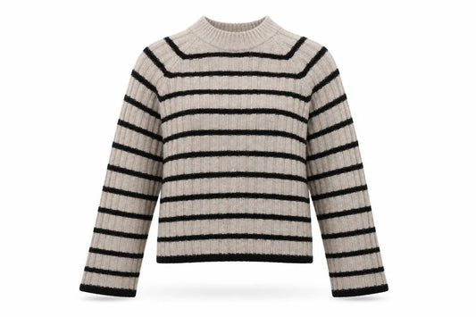 H&M Women’s Beige Black Striped High Neck Rib Knit Jumper XS