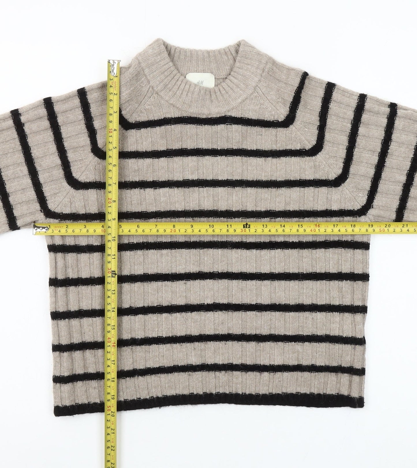H&M Women’s Beige Black Striped High Neck Rib Knit Jumper XS