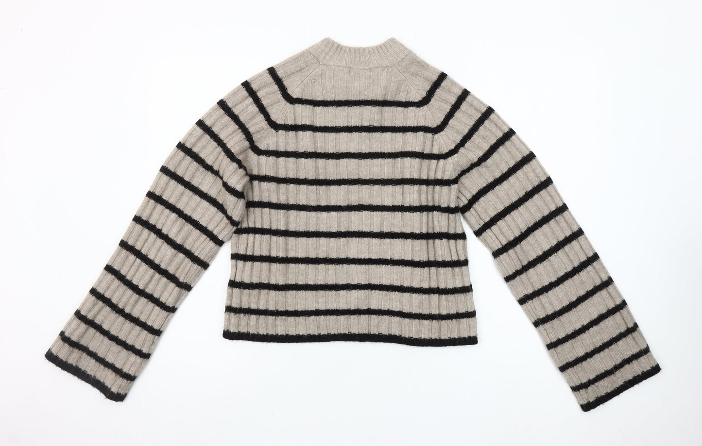H&M Women’s Beige Black Striped High Neck Rib Knit Jumper XS
