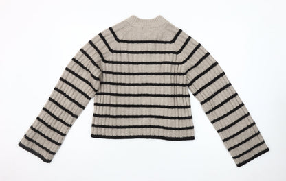 H&M Women’s Beige Black Striped High Neck Rib Knit Jumper XS