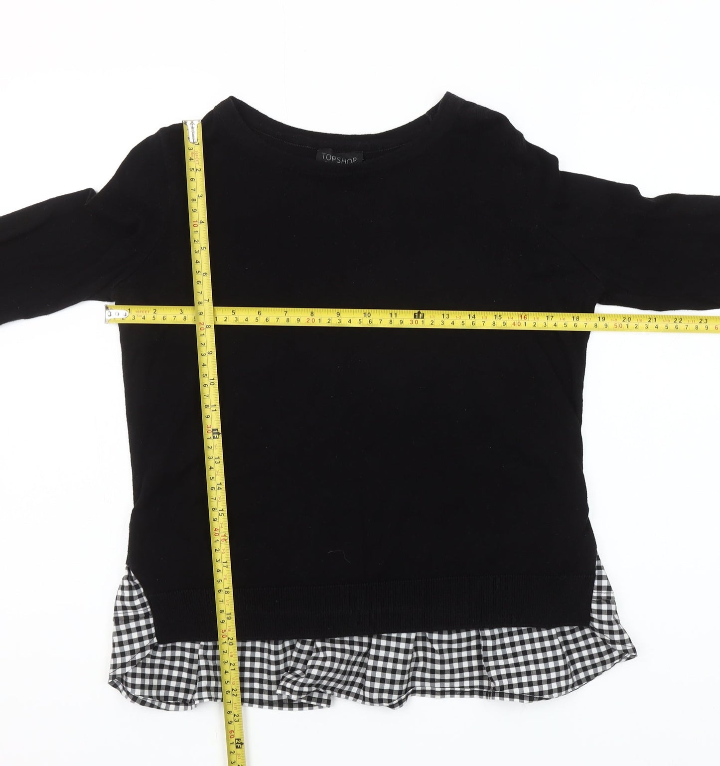 Topshop Women's Black Check Trim Long Sleeve Pullover Jumper Size 6