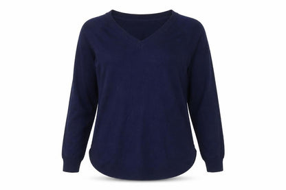Front view of Gallery women’s blue v-neck cotton jumper, size M