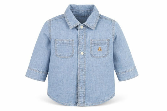 Front view of Gap Baby unisex blue denim button-up shirt 6-12 months