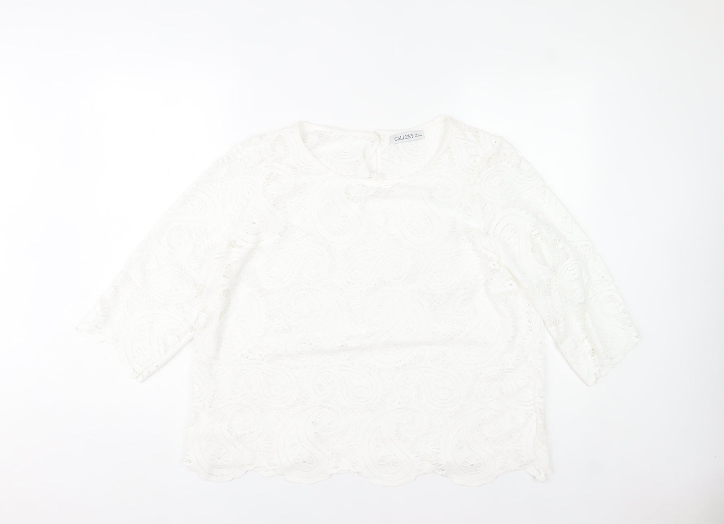 Gallery Womens White Lace Tunic Blouse Size L 3/4 Sleeve Cotton Blend