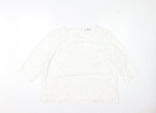 Additional front view of Gallery women’s white lace tunic blouse, size L, 3/4 sleeve cotton blend