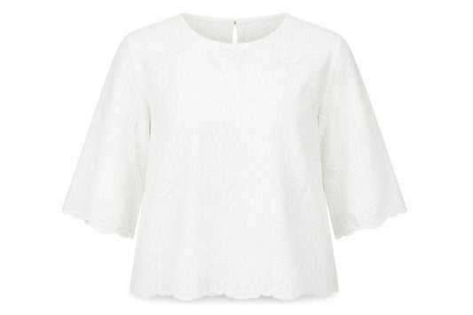 Front view of Gallery women’s white lace tunic blouse, size L, 3/4 sleeve cotton blend