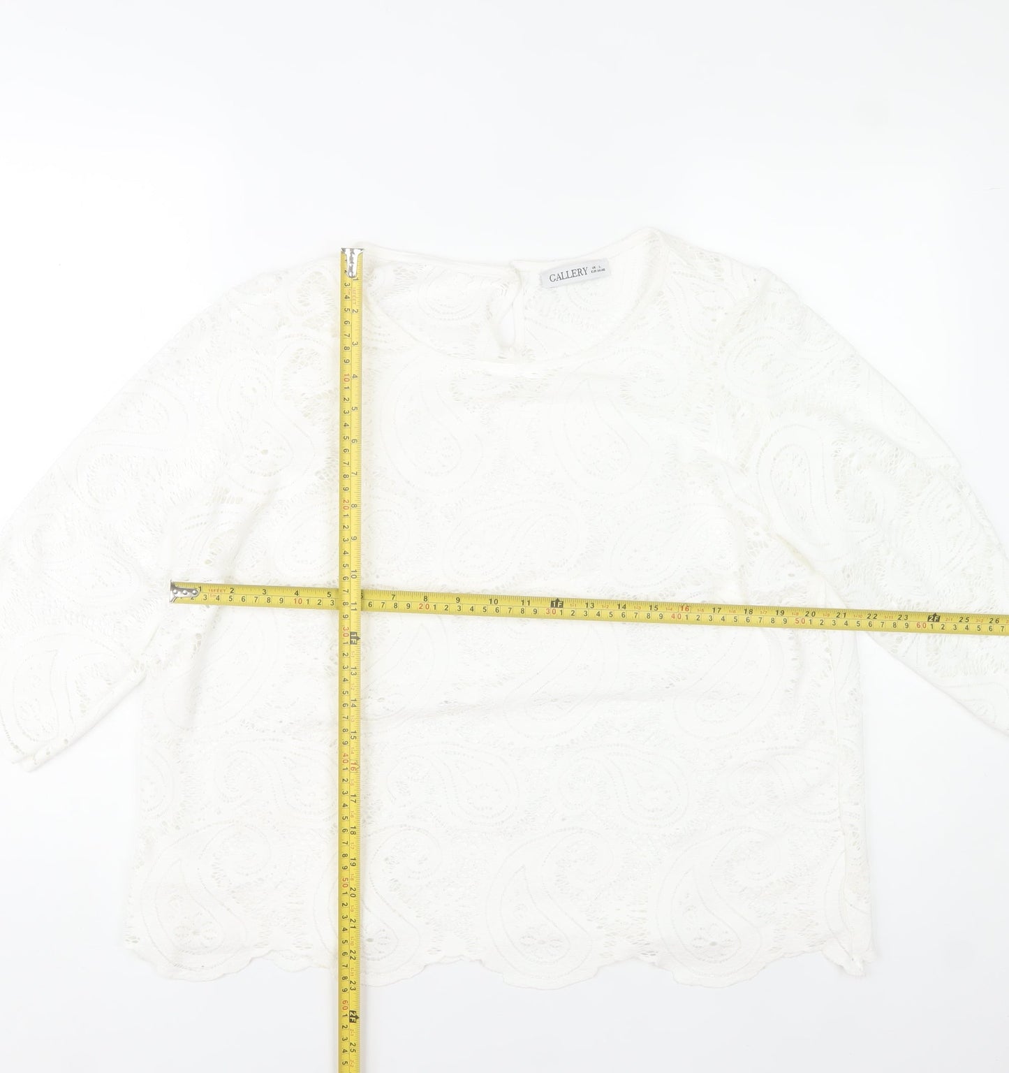 Gallery Womens White Lace Tunic Blouse Size L 3/4 Sleeve Cotton Blend