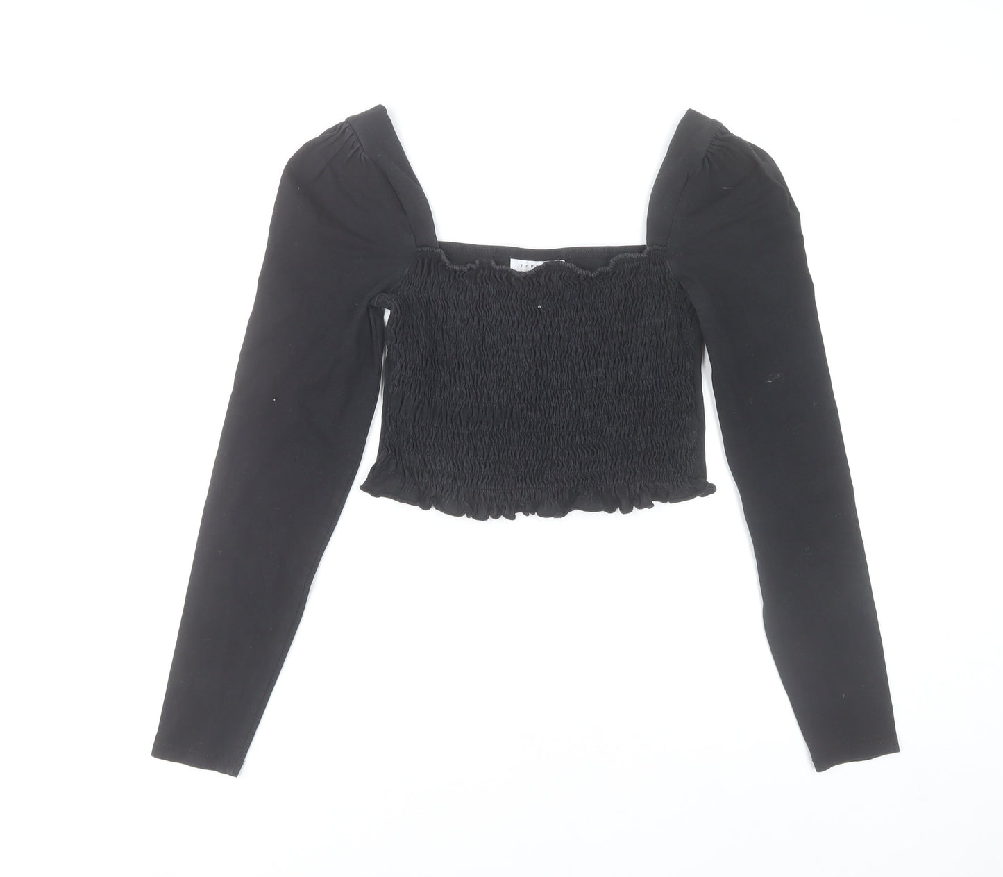 Topshop Women's Black Cropped Long Sleeve Smocked Blouse UK 10