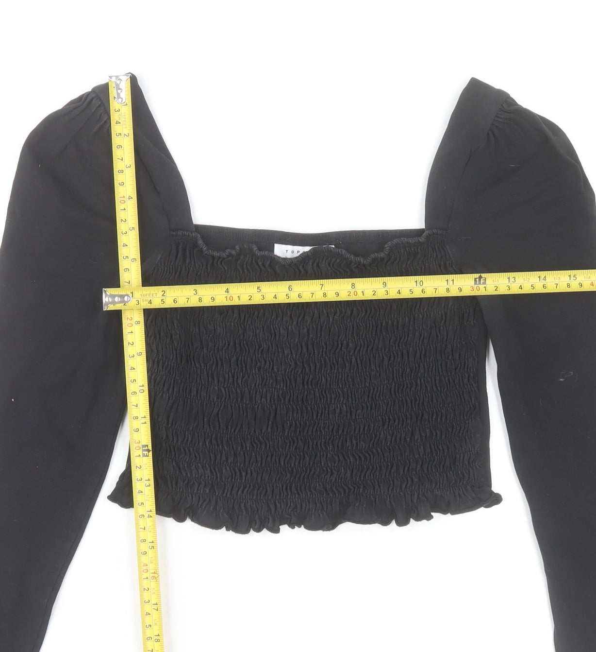 Topshop Women's Black Cropped Long Sleeve Smocked Blouse UK 10