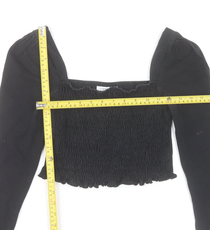 Topshop Women's Black Cropped Long Sleeve Smocked Blouse UK 10