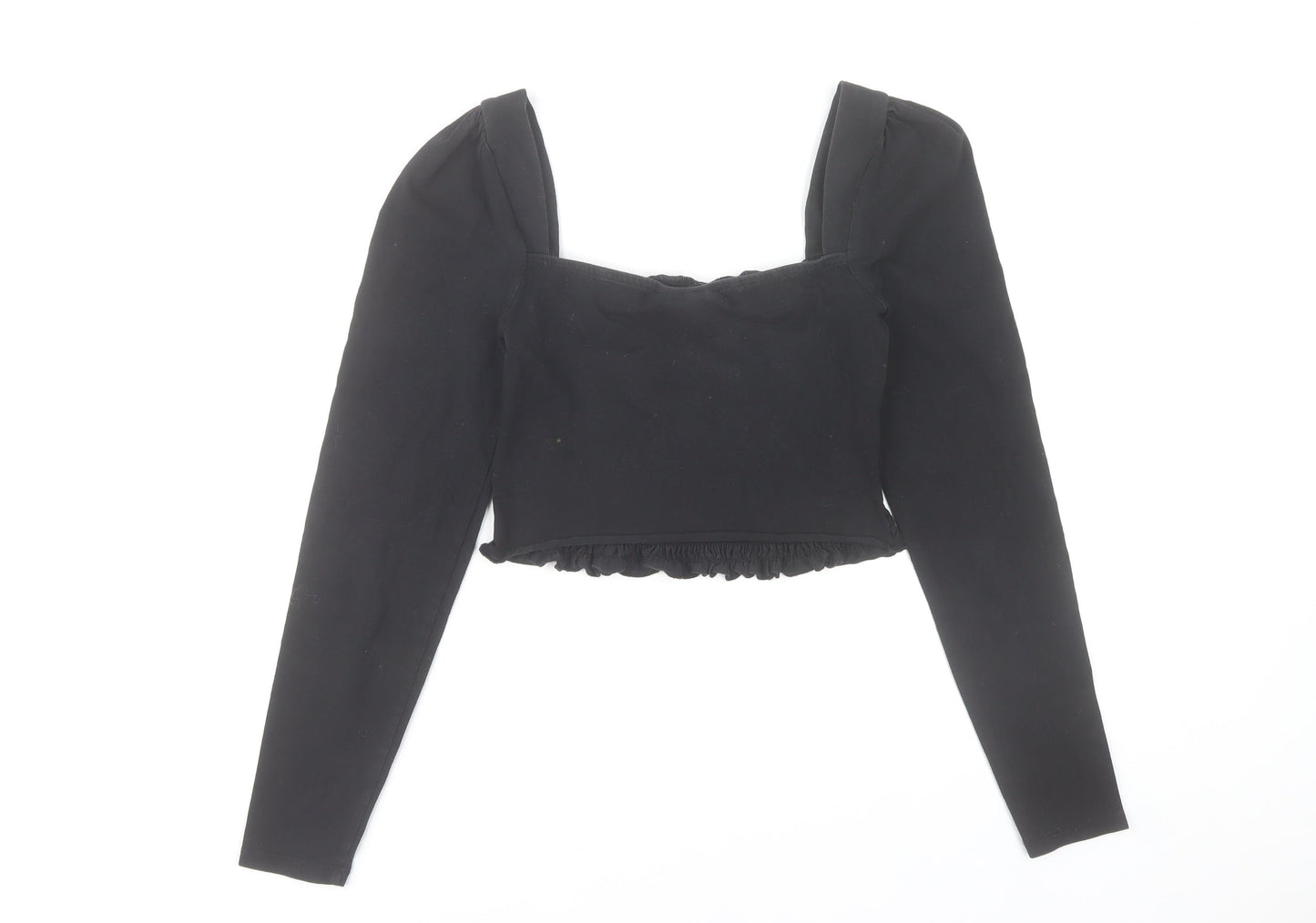 Topshop Women's Black Cropped Long Sleeve Smocked Blouse UK 10