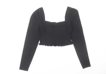 Topshop Women's Black Cropped Long Sleeve Smocked Blouse UK 10