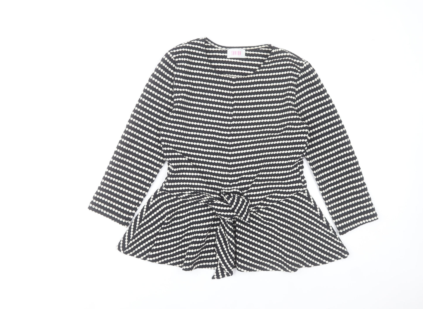 Savida Women's Black White Striped Wrap Long Sleeve Peplum Blouse XS