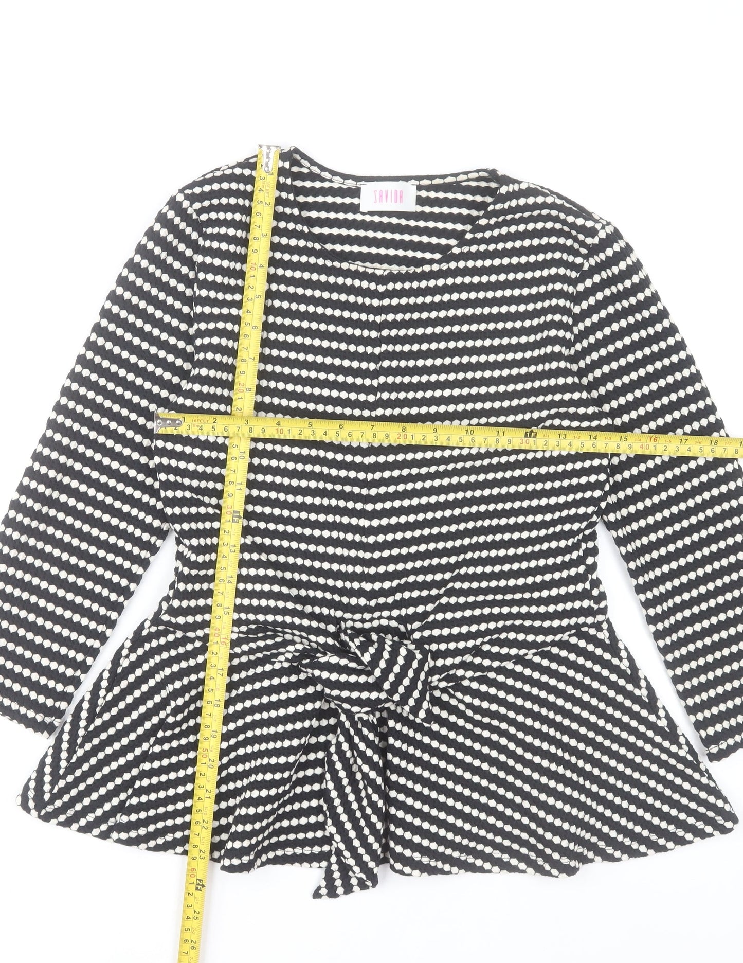 Savida Women's Black White Striped Wrap Long Sleeve Peplum Blouse XS