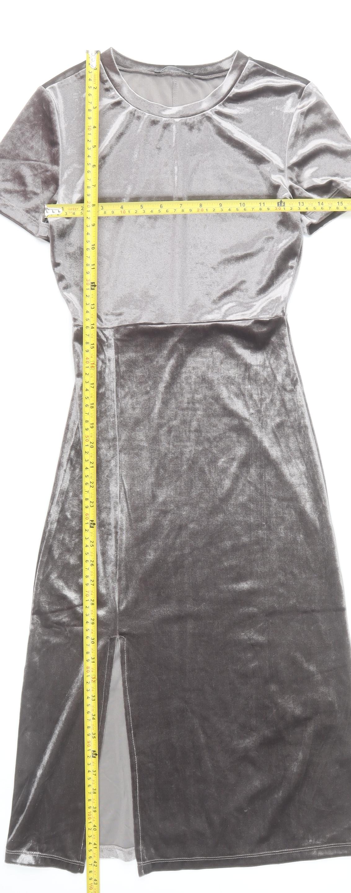 Zara Women Silver Bodycon Velvet Midi Dress Size 8