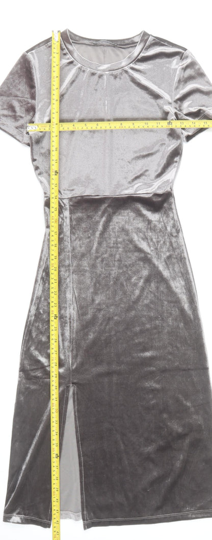 Zara Women Silver Bodycon Velvet Midi Dress Size 8