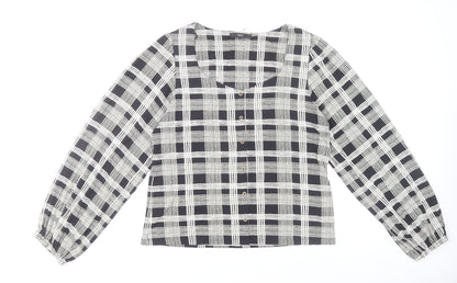 Next Womens Black Check Long Sleeve Relaxed Blouse Size 14